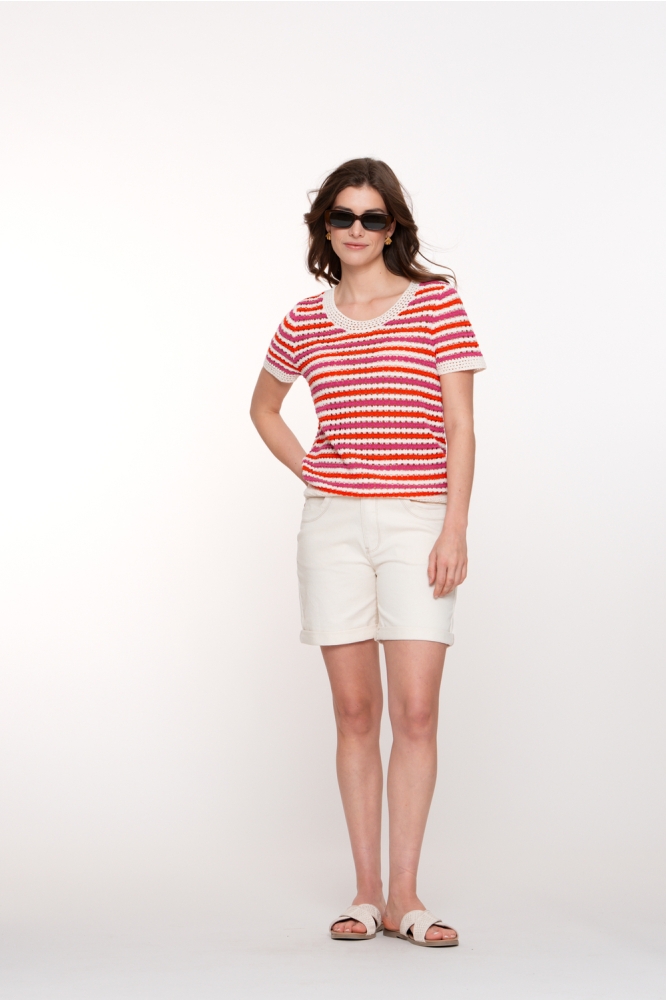 GEBREID T SHIRT MET STREPEN 54301 10 000010 OFF-WHITE/CORAL/CYCLAME